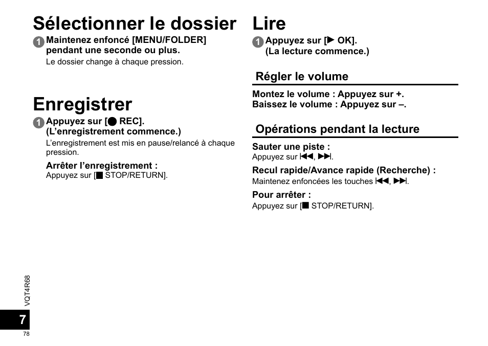 Sélectionner le dossier, Enregistrer, Lire | Panasonic RRUS310E User Manual | Page 78 / 293
