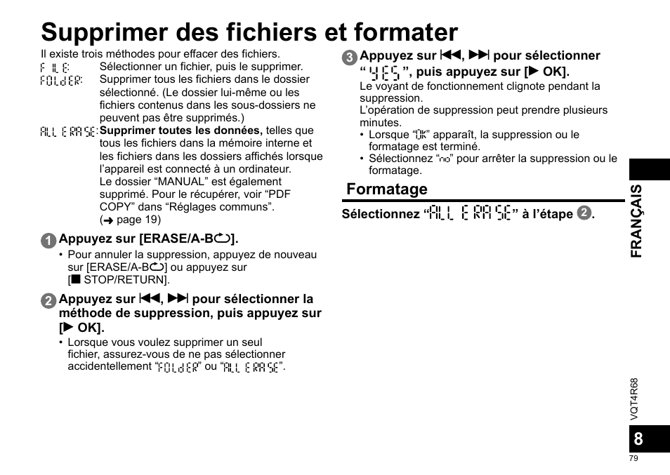 Supprimer des fichiers et formater, Formatage | Panasonic RRUS310E User Manual | Page 79 / 293