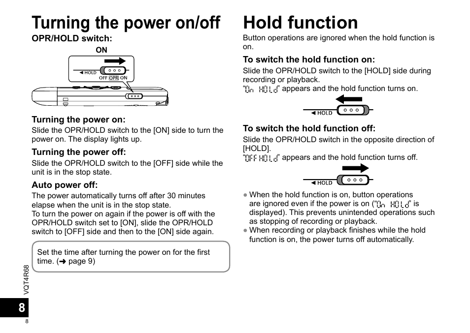 Turning the power on/off hold function | Panasonic RRUS310E User Manual | Page 8 / 293