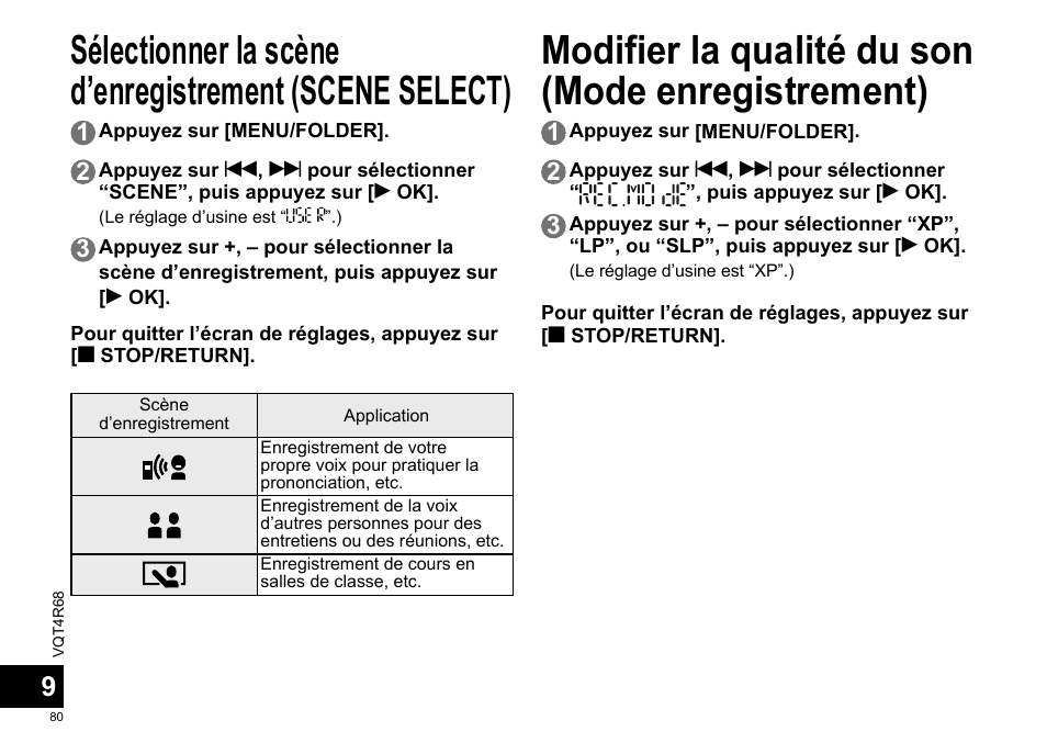 Modifier la qualité du son (mode enregistrement) | Panasonic RRUS310E User Manual | Page 80 / 293