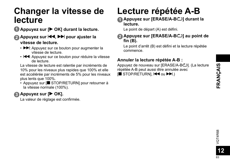 Changer la vitesse de lecture lecture répétée a-b | Panasonic RRUS310E User Manual | Page 83 / 293