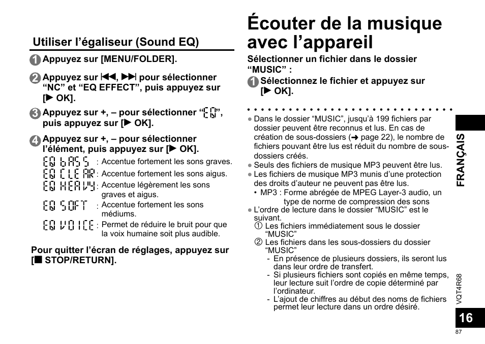 Écouter de la musique avec l’appareil, Utiliser l’égaliseur (sound eq) 1 | Panasonic RRUS310E User Manual | Page 87 / 293