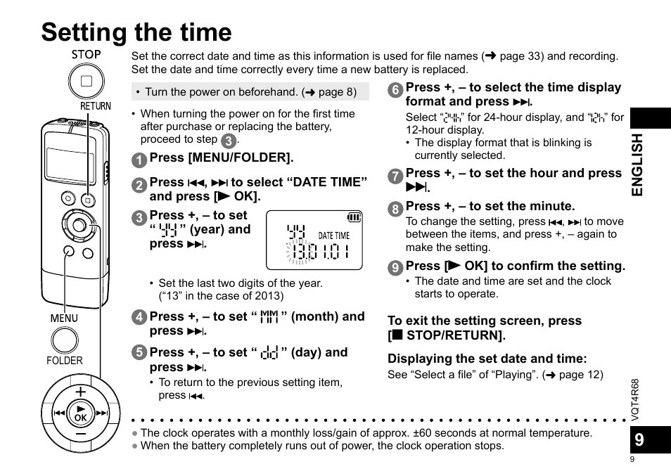 Setting the time | Panasonic RRUS310E User Manual | Page 9 / 293