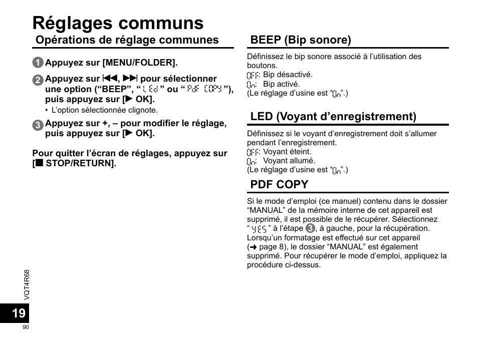 Réglages communs, Opérations de réglage communes, Beep (bip sonore) | Led (voyant d’enregistrement), Pdf copy | Panasonic RRUS310E User Manual | Page 90 / 293