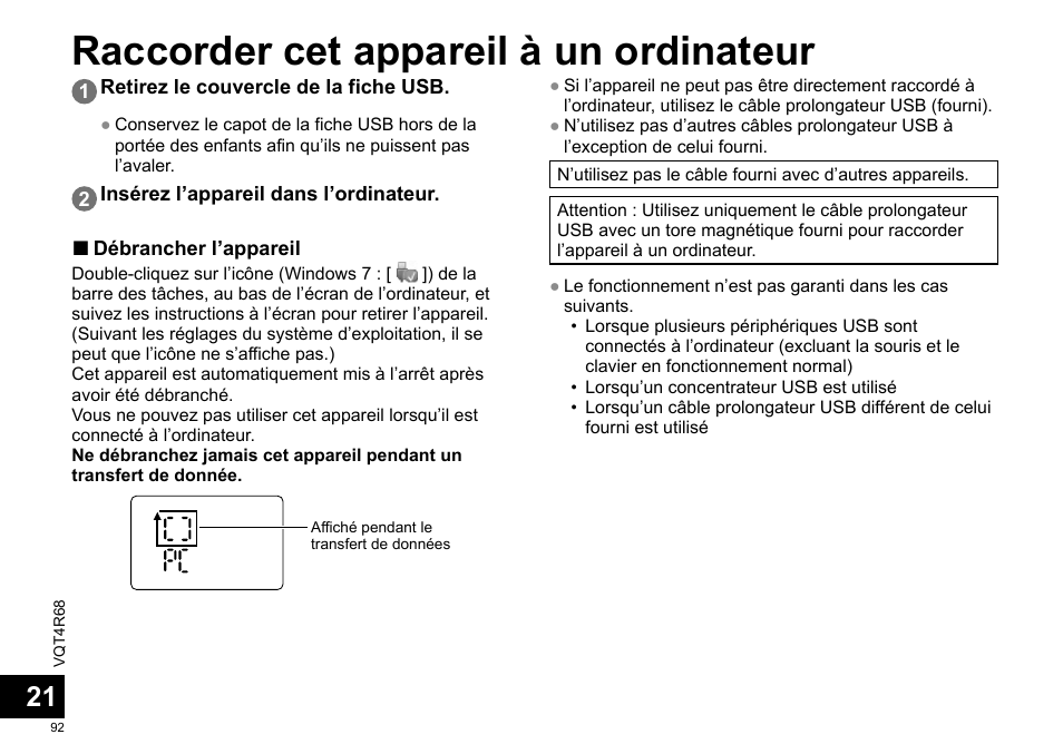 Raccorder cet appareil à un ordinateur | Panasonic RRUS310E User Manual | Page 92 / 293