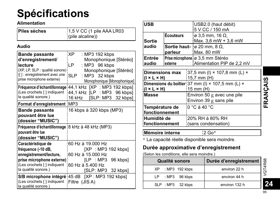 Spécifications, Français | Panasonic RRUS310E User Manual | Page 95 / 293