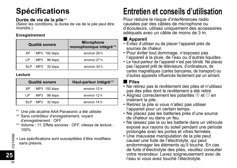 Entretien et conseils d’utilisation, Spécifications | Panasonic RRUS310E User Manual | Page 96 / 293