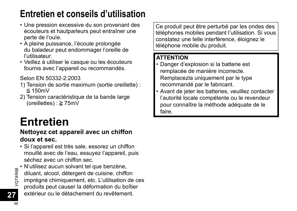 Entretien, Entretien et conseils d’utilisation | Panasonic RRUS310E User Manual | Page 98 / 293