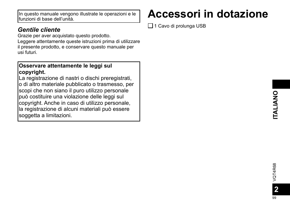 Istruzioni per l’uso, Registratore ic, Italiano | Accessori in dotazione | Panasonic RRUS310E User Manual | Page 99 / 293