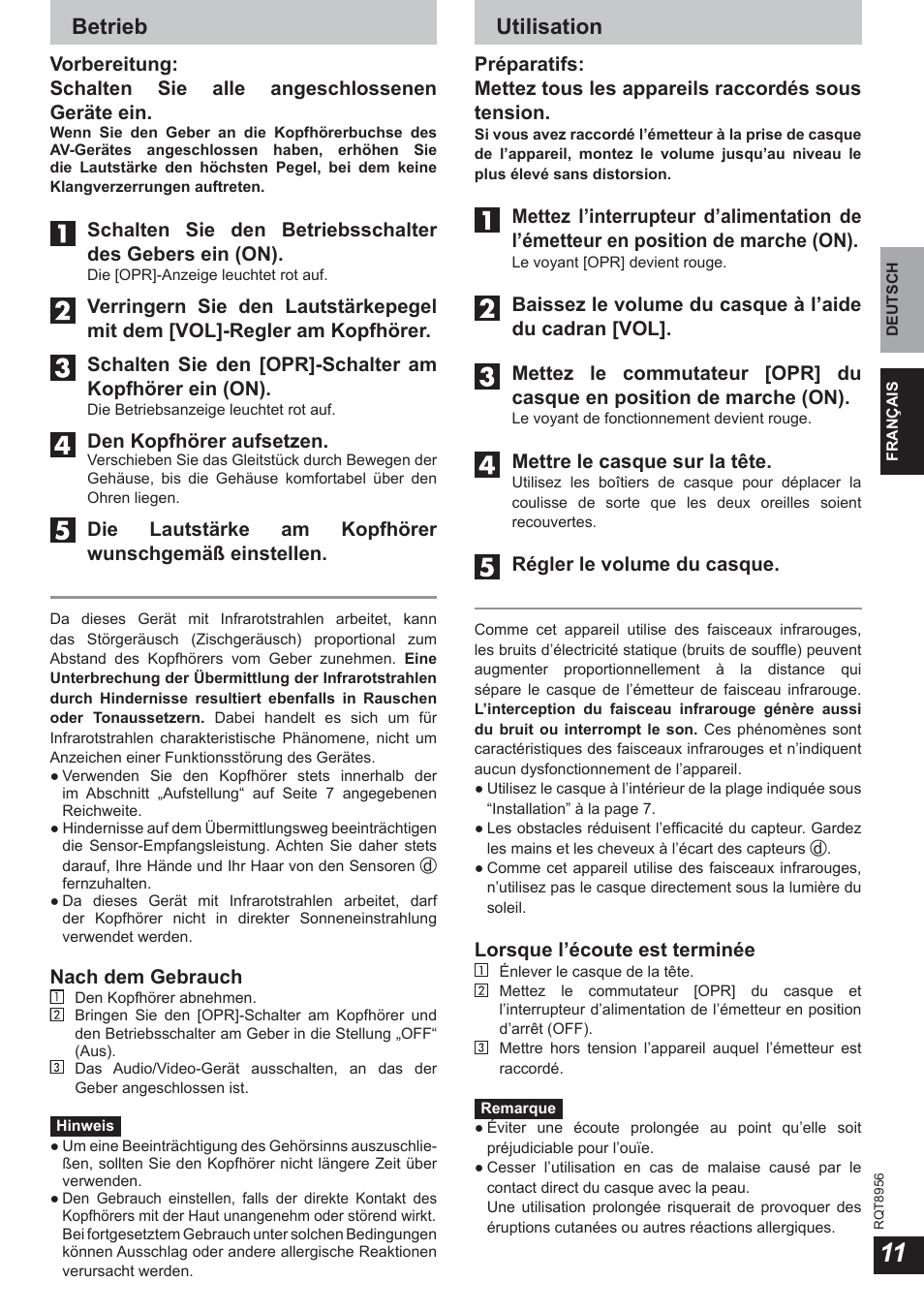 Betrieb, Utilisation | Panasonic RPWH25 User Manual | Page 11 / 64