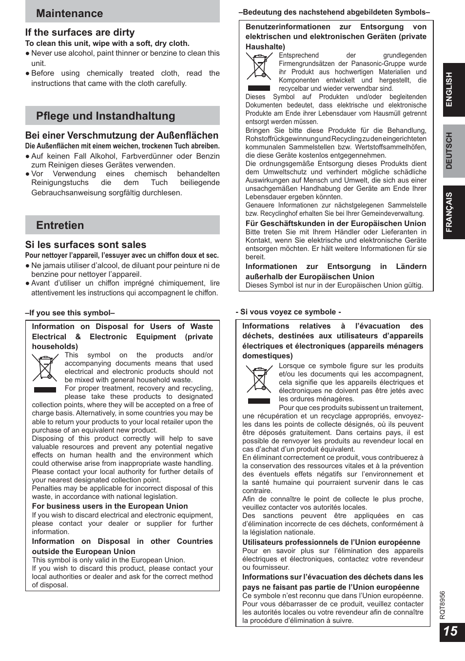 Maintenance, Pfl ege und instandhaltung, Entretien | If the surfaces are dirty, Bei einer verschmutzung der außenfl ächen, Si les surfaces sont sales | Panasonic RPWH25 User Manual | Page 15 / 64