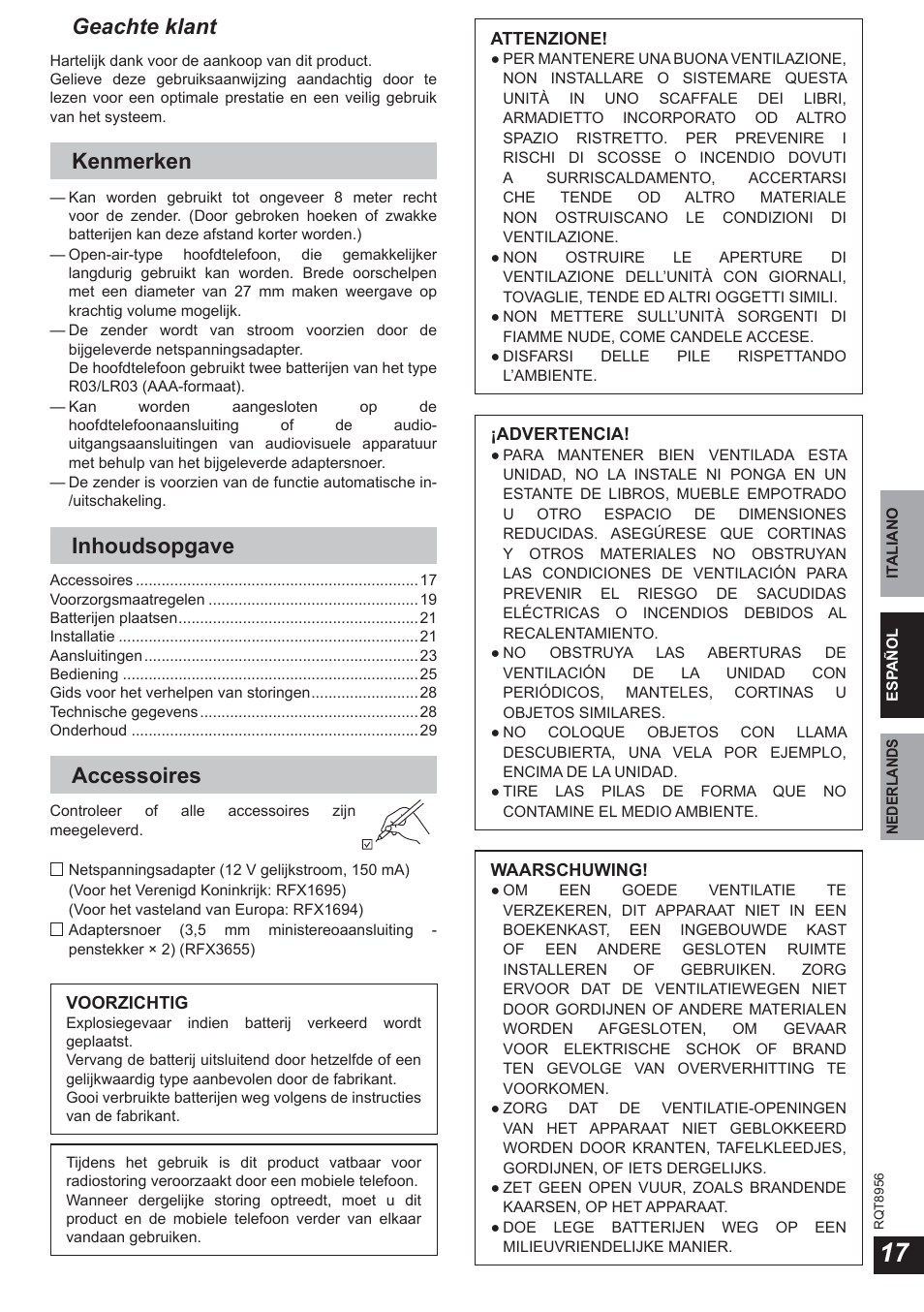 Geachte klant, Kenmerken, Inhoudsopgave | Accessoires | Panasonic RPWH25 User Manual | Page 17 / 64