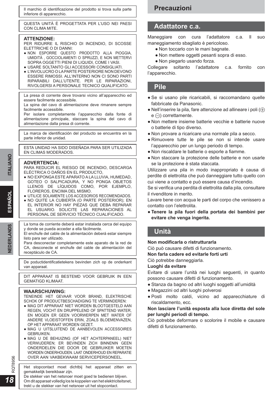 Precauzioni adattatore c.a, Pile, Unità | Panasonic RPWH25 User Manual | Page 18 / 64