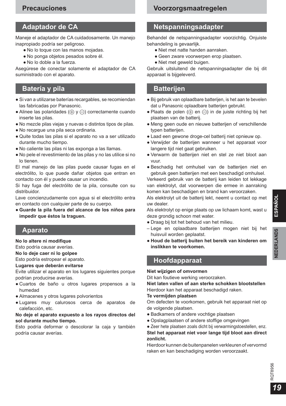 Precauciones adaptador de ca, Batería y pila, Aparato | Voorzorgsmaatregelen netspanningsadapter, Batterijen, Hoofdapparaat | Panasonic RPWH25 User Manual | Page 19 / 64