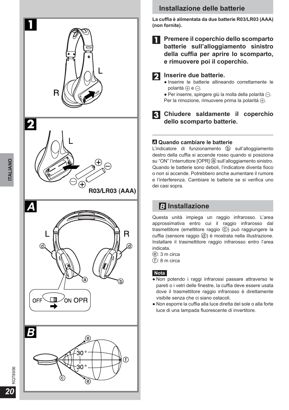 Installazione delle batterie, Installazione | Panasonic RPWH25 User Manual | Page 20 / 64