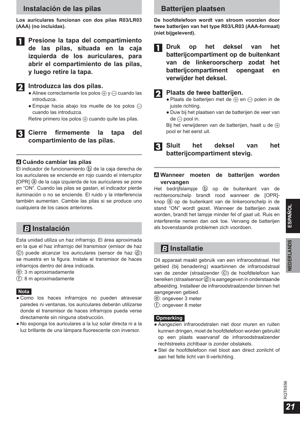 Batterijen plaatsen, Installatie, Instalación de las pilas | Instalación | Panasonic RPWH25 User Manual | Page 21 / 64