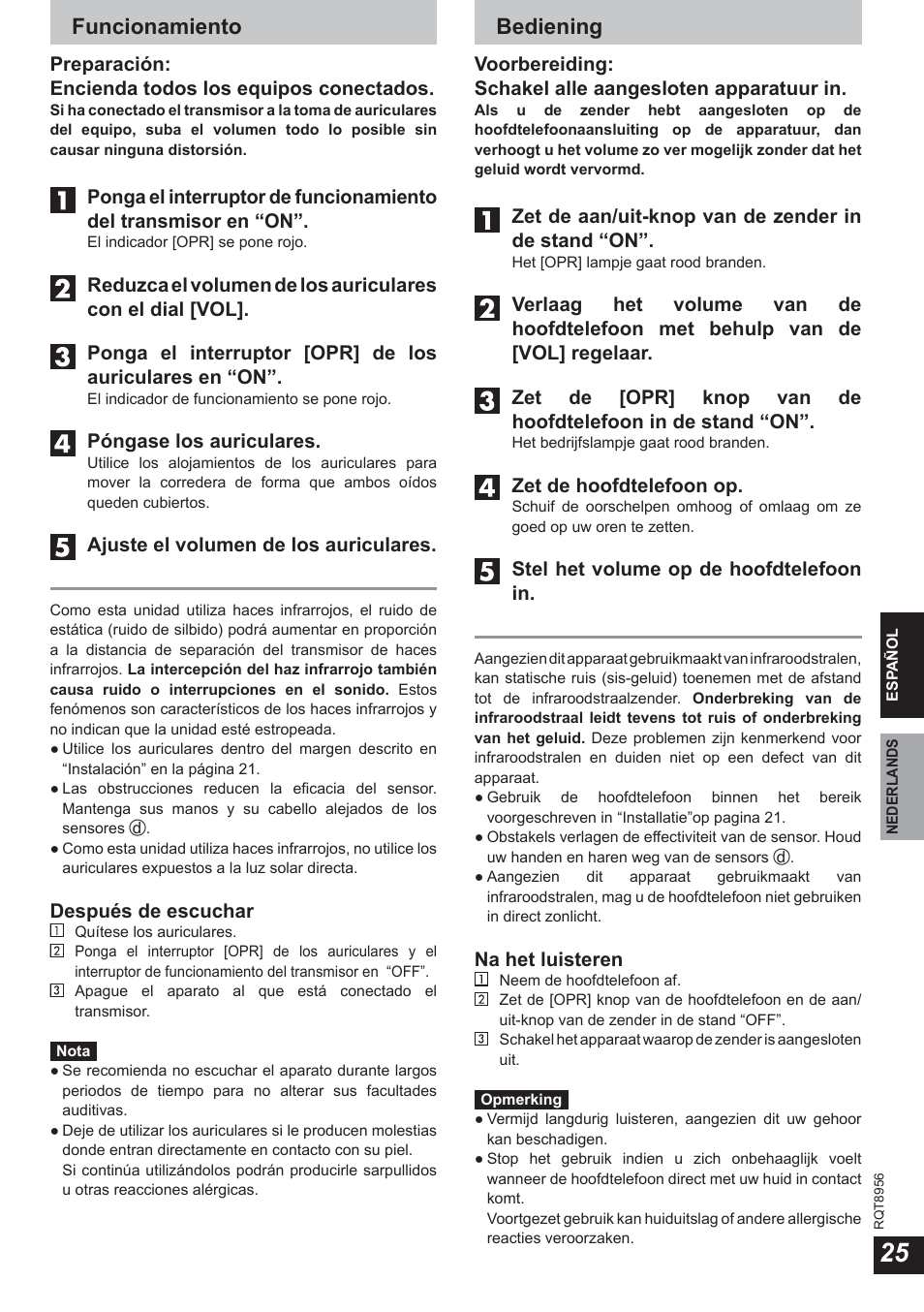 Funcionamiento, Bediening | Panasonic RPWH25 User Manual | Page 25 / 64