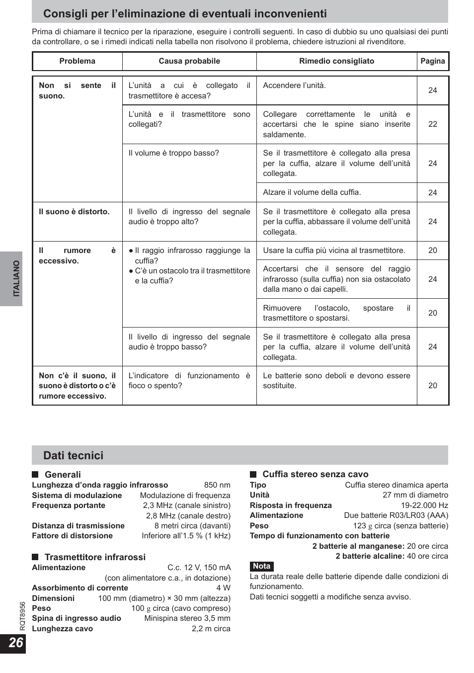 Dati tecnici | Panasonic RPWH25 User Manual | Page 26 / 64