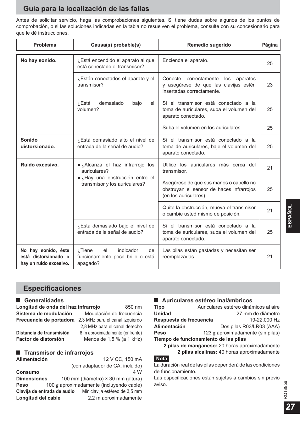 Guía para la localización de las fallas, Especifi caciones | Panasonic RPWH25 User Manual | Page 27 / 64