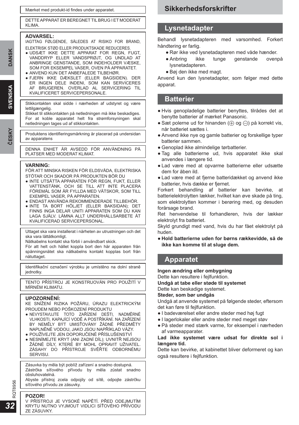 Sikkerhedsforskrifter lysnetadapter, Batterier, Apparatet | Panasonic RPWH25 User Manual | Page 32 / 64