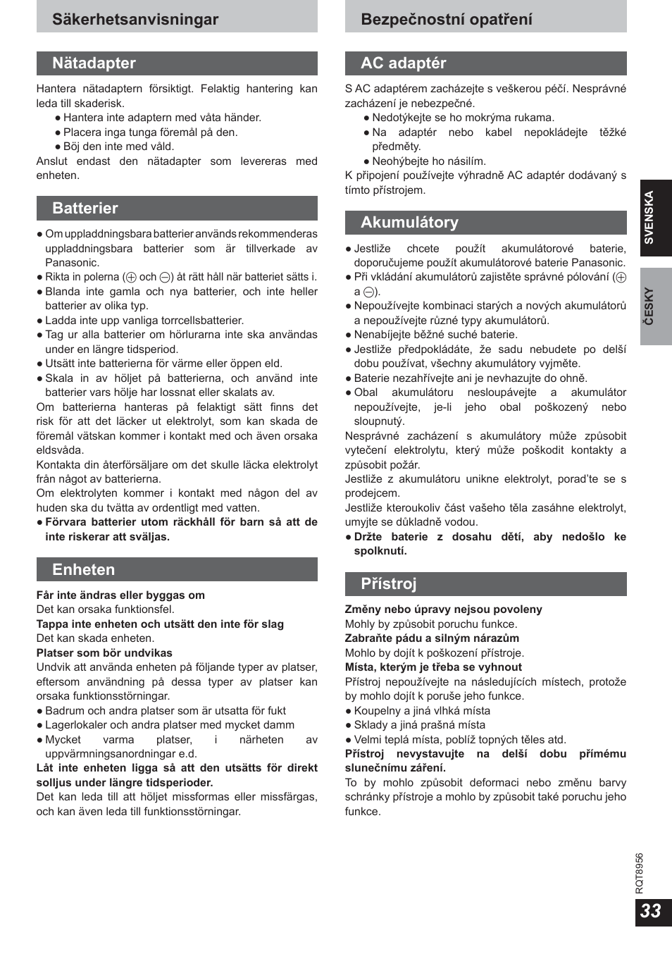 Säkerhetsanvisningar nätadapter, Batterier, Enheten | Bezpečnostní opatření ac adaptér, Akumulátory, Přístroj | Panasonic RPWH25 User Manual | Page 33 / 64