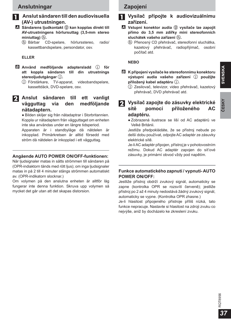 Anslutningar, Zapojení | Panasonic RPWH25 User Manual | Page 37 / 64