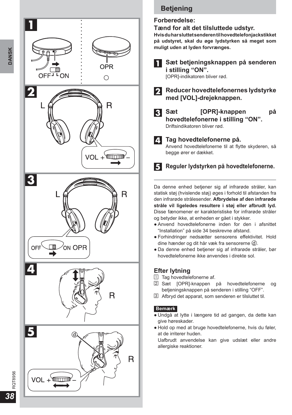 Betjening | Panasonic RPWH25 User Manual | Page 38 / 64