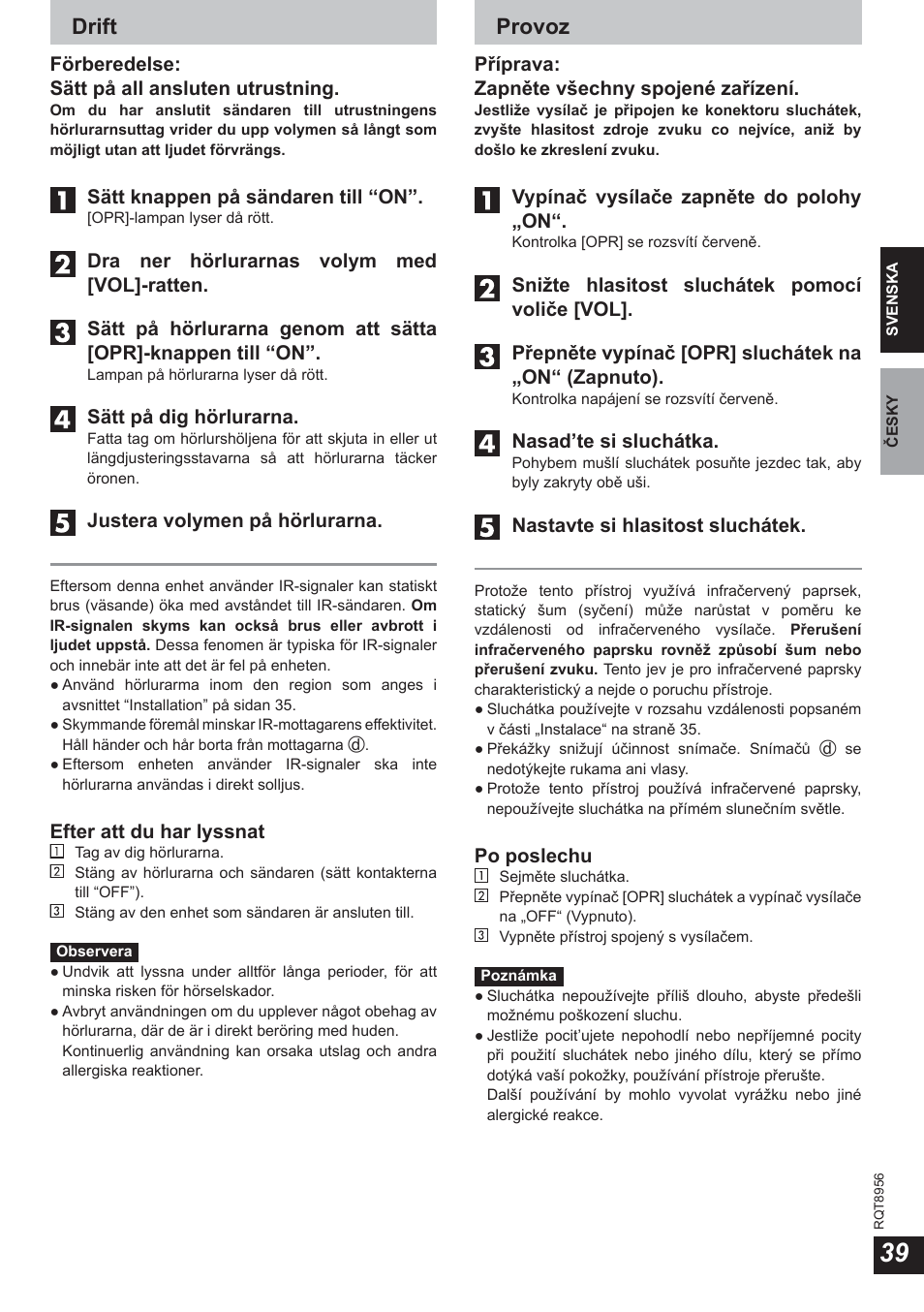 Drift, Provoz | Panasonic RPWH25 User Manual | Page 39 / 64