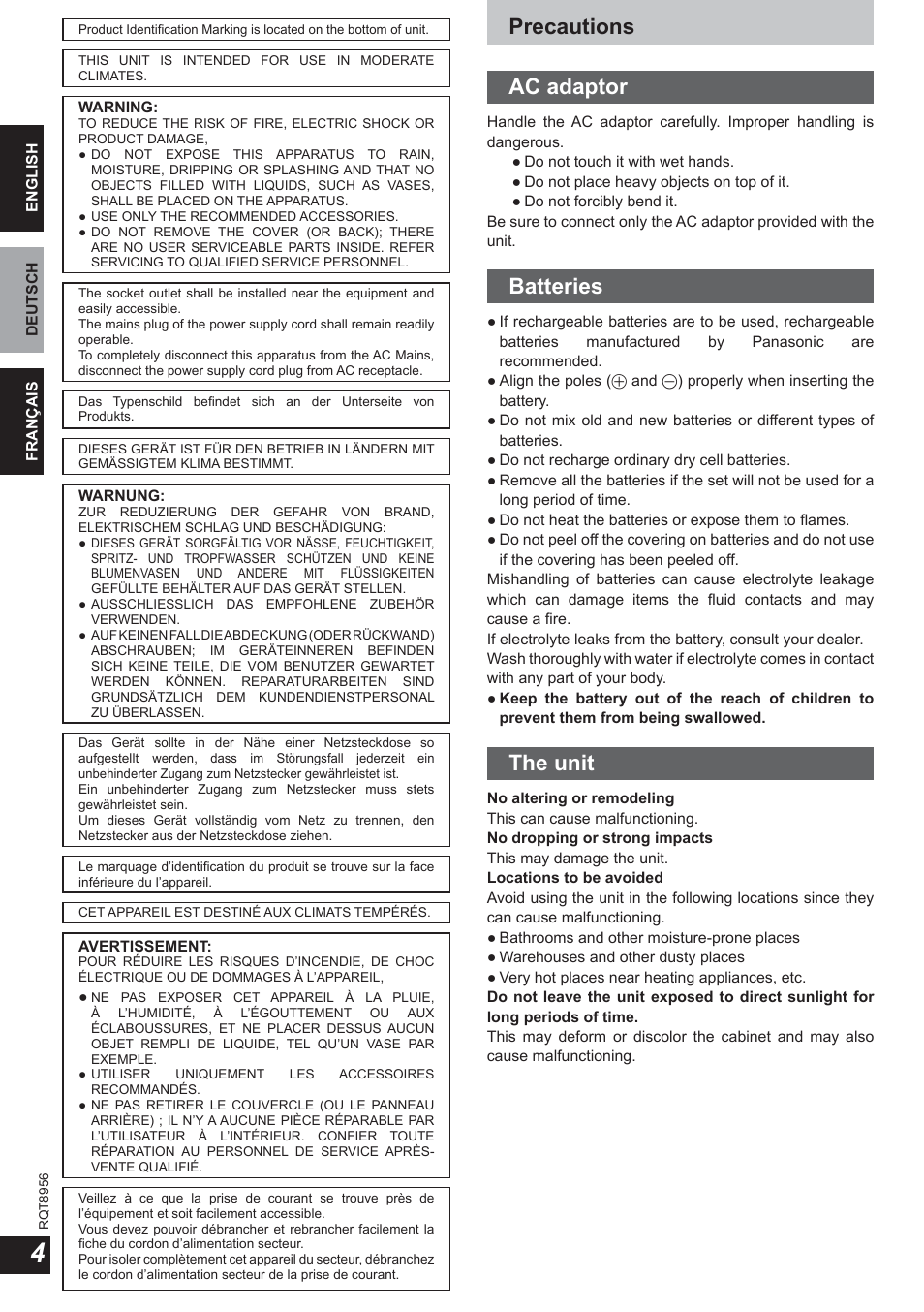 Precautions ac adaptor, Batteries, The unit | Panasonic RPWH25 User Manual | Page 4 / 64