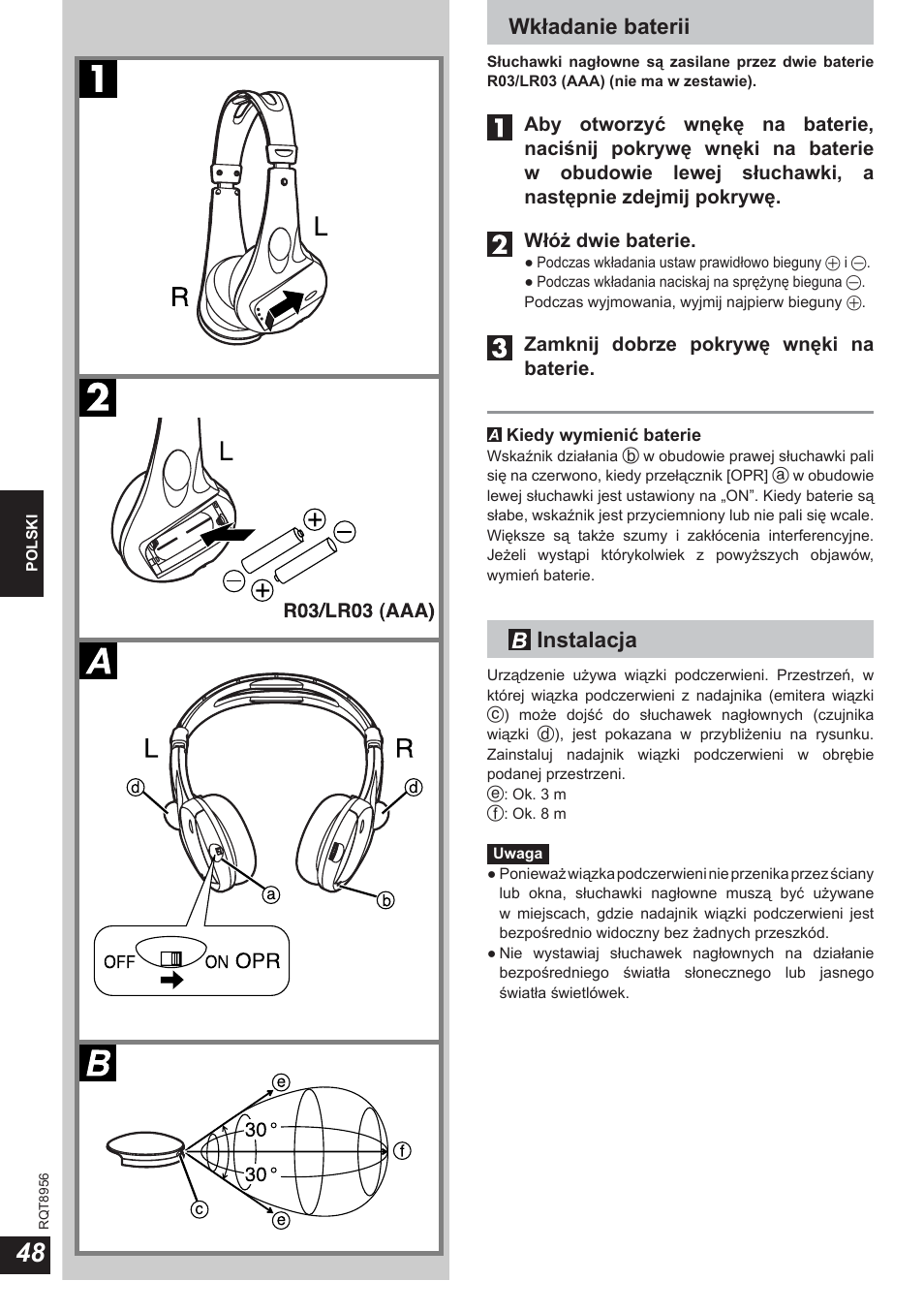 Wkładanie baterii, Instalacja | Panasonic RPWH25 User Manual | Page 48 / 64