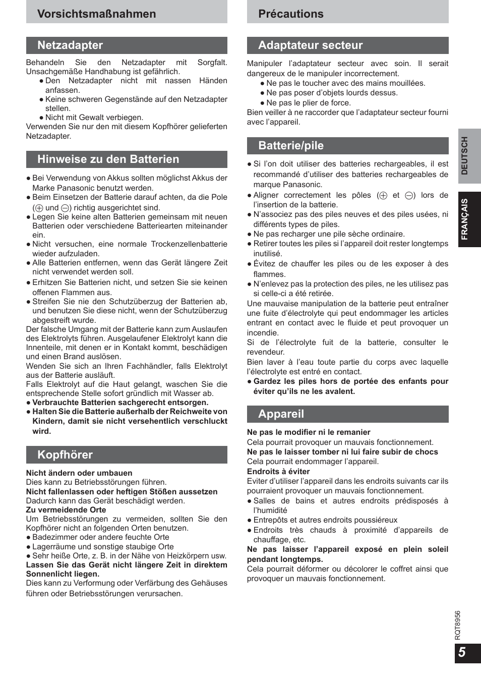 Vorsichtsmaßnahmen netzadapter, Hinweise zu den batterien, Kopfhörer | Précautions, Adaptateur secteur, Batterie/pile, Appareil | Panasonic RPWH25 User Manual | Page 5 / 64