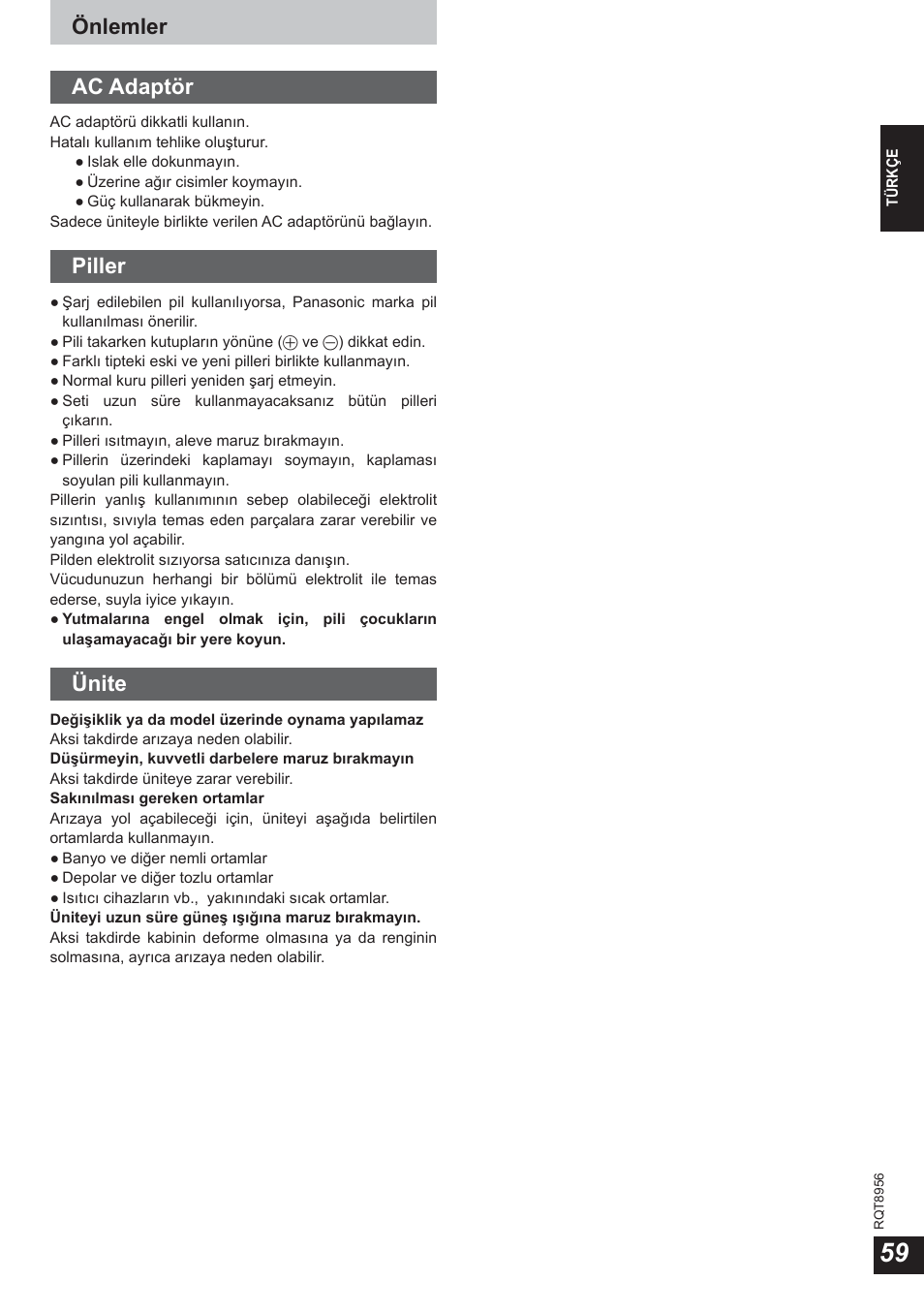 Önlemler ac adaptör, Piller, Ünite | Panasonic RPWH25 User Manual | Page 59 / 64