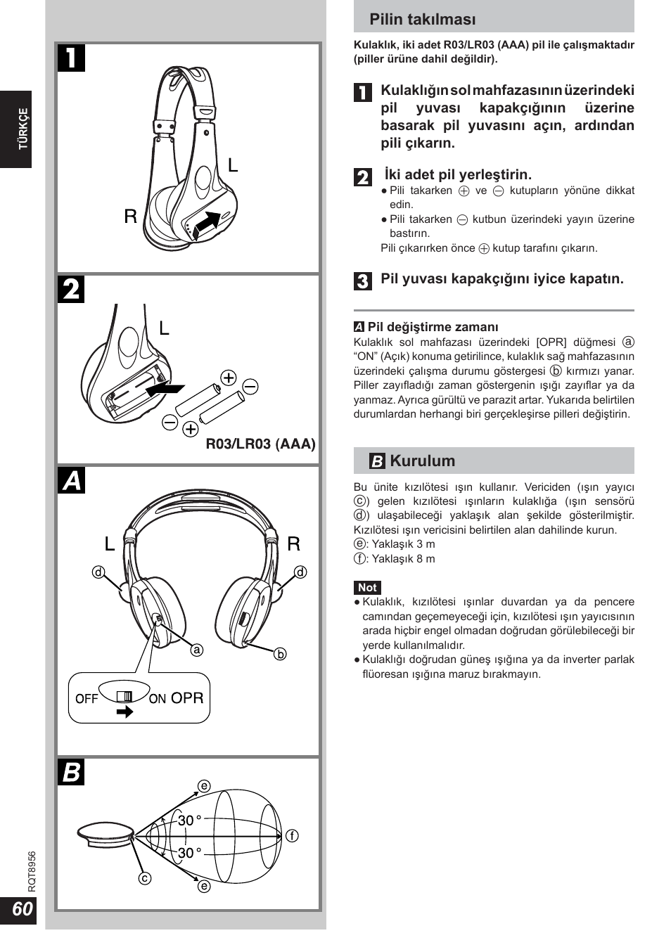 Pilin takılması, Kurulum, Pil yuvası kapakçığını iyice kapatın | Panasonic RPWH25 User Manual | Page 60 / 64