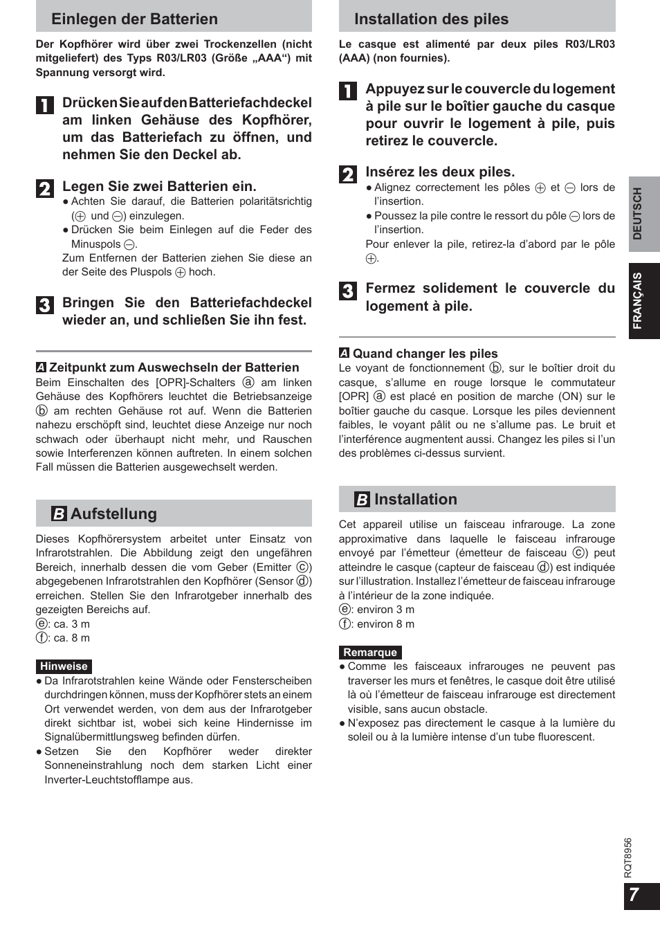 Einlegen der batterien, Aufstellung, Installation des piles | Installation | Panasonic RPWH25 User Manual | Page 7 / 64