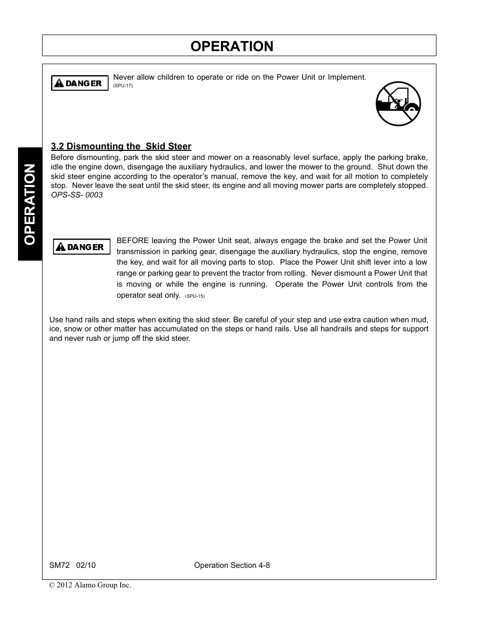 2 dismounting the skid steer, Dismounting the skid steer -8, Operation | Opera t ion | Alamo RHINO SM72 User Manual | Page 100 / 136