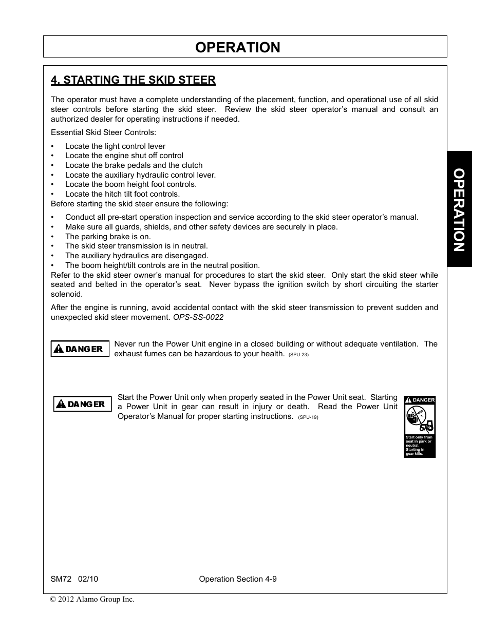 Starting the skid steer, Starting the skid steer -9, Operation | Opera t ion | Alamo RHINO SM72 User Manual | Page 101 / 136
