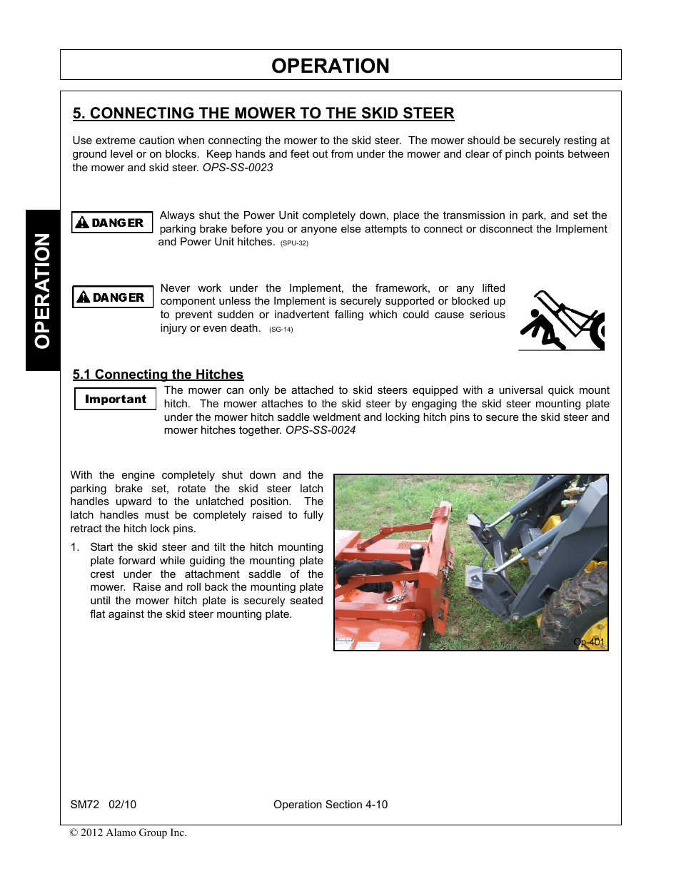 Connecting the mower to the skid steer, 1 connecting the hitches, Operation | Opera t ion | Alamo RHINO SM72 User Manual | Page 102 / 136