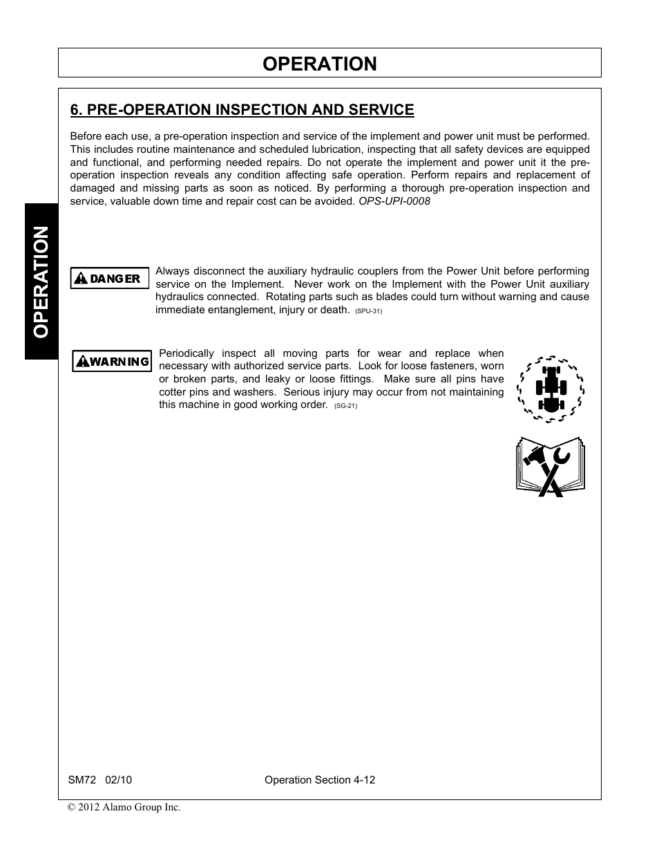 Pre-operation inspection and service, Pre-operation inspection and service -12, Operation | Opera t ion | Alamo RHINO SM72 User Manual | Page 104 / 136