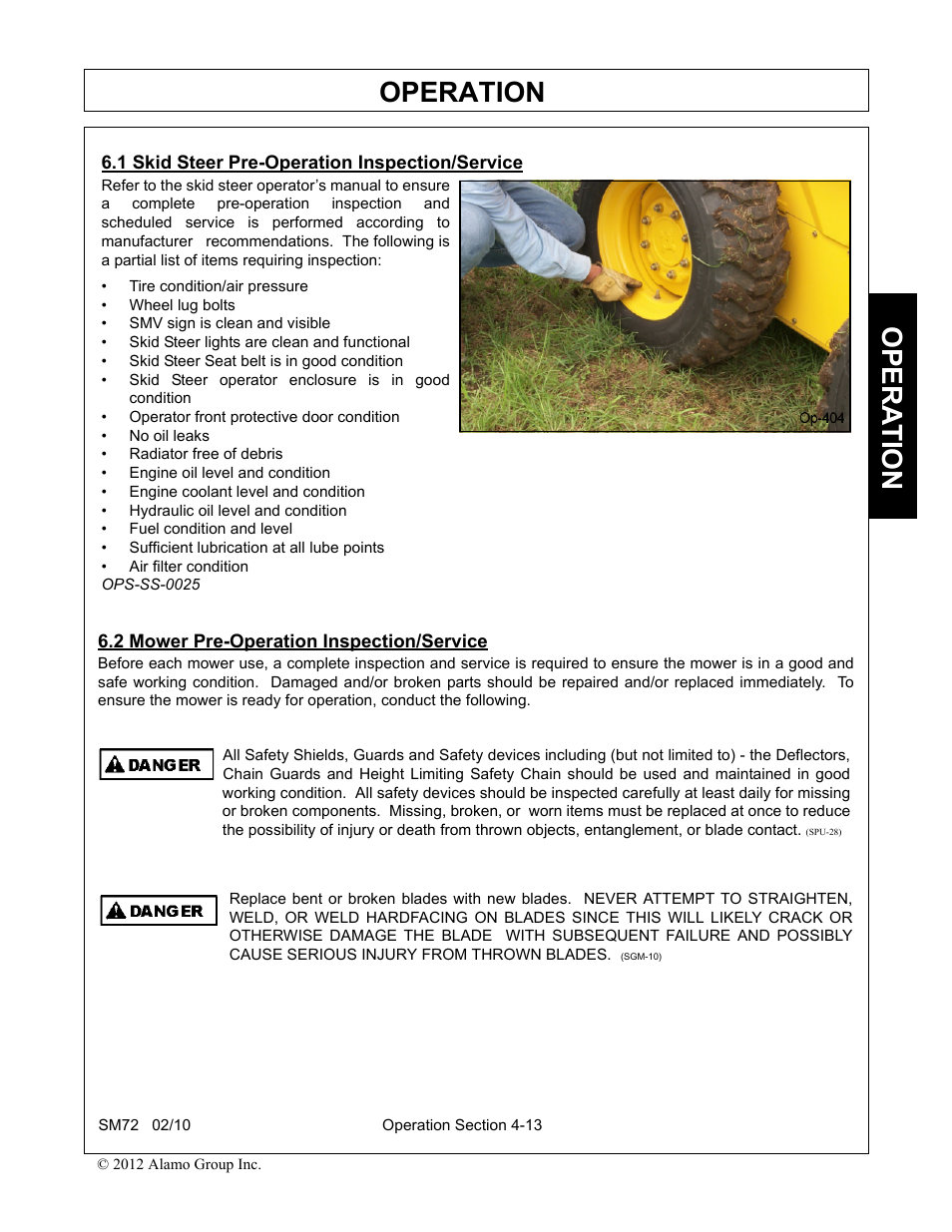 1 skid steer pre-operation inspection/service, 2 mower pre-operation inspection/service, Operation | Opera t ion | Alamo RHINO SM72 User Manual | Page 105 / 136