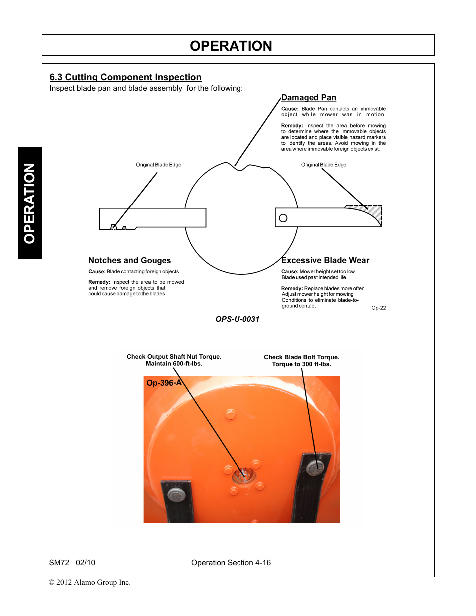 3 cutting component inspection, Cutting component inspection -16, Operation | Opera t ion | Alamo RHINO SM72 User Manual | Page 108 / 136