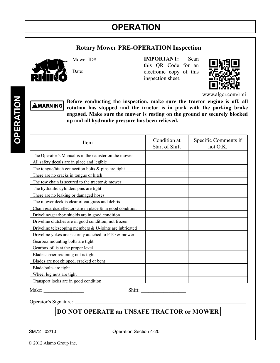 Operation, Opera t ion | Alamo RHINO SM72 User Manual | Page 112 / 136