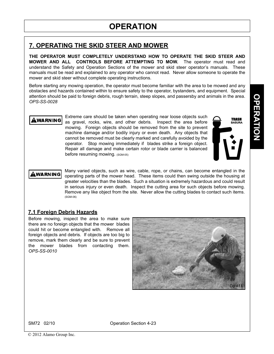 Operating the skid steer and mower, 1 foreign debris hazards, Operation | Opera t ion | Alamo RHINO SM72 User Manual | Page 115 / 136