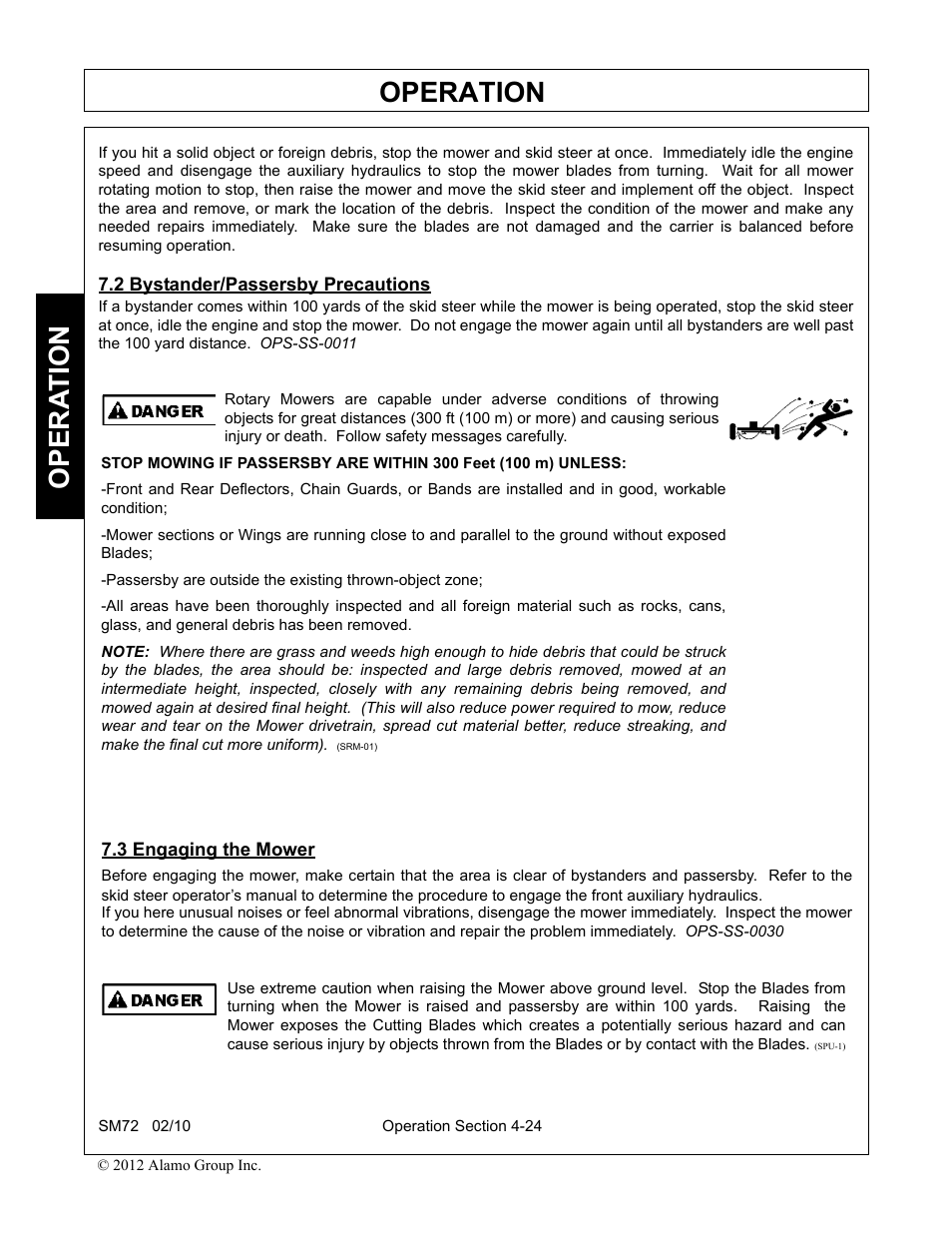 2 bystander/passersby precautions, 3 engaging the mower, Operation | Opera t ion | Alamo RHINO SM72 User Manual | Page 116 / 136
