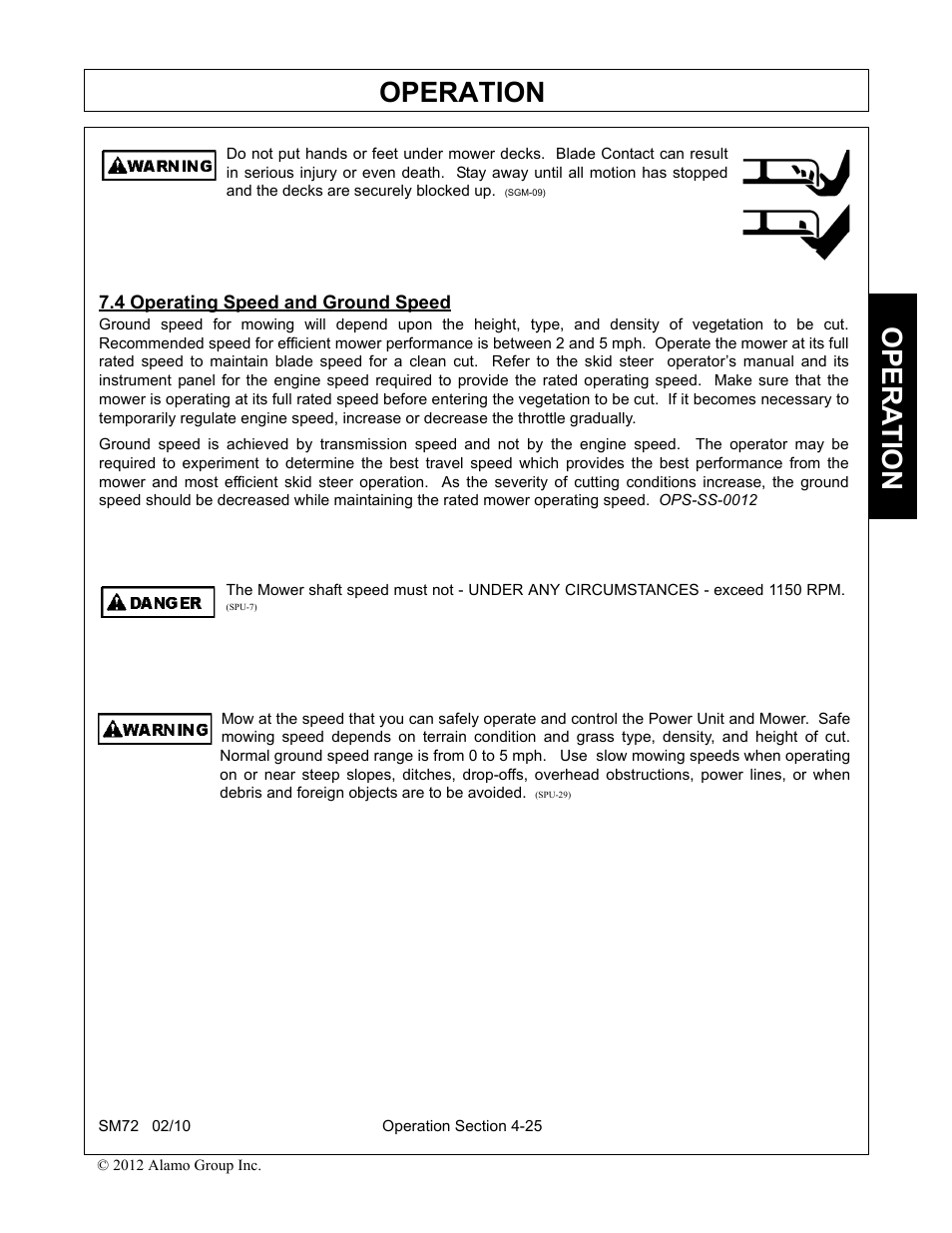 4 operating speed and ground speed, Operating speed and ground speed -25, Operation | Opera t ion | Alamo RHINO SM72 User Manual | Page 117 / 136