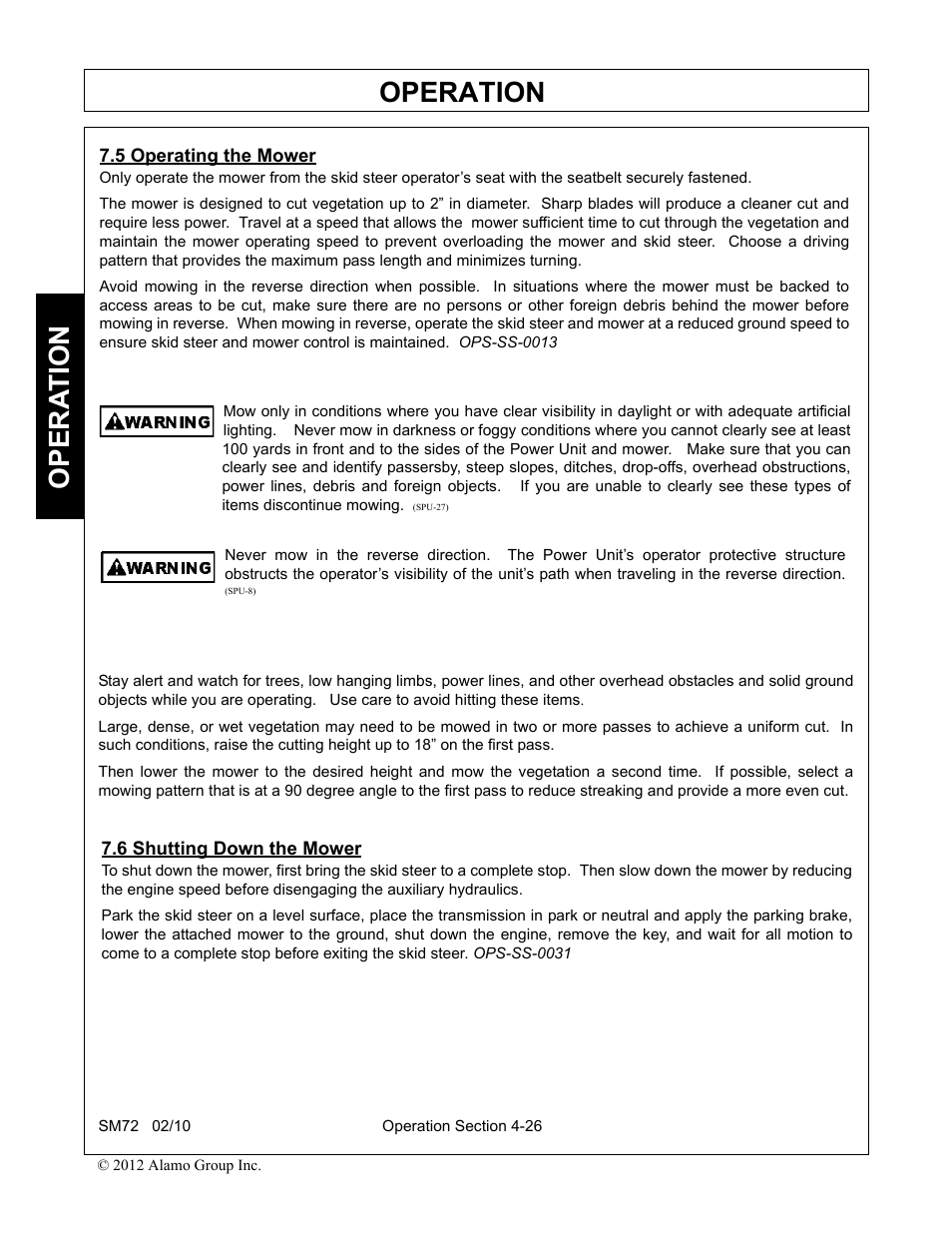 5 operating the mower, 6 shutting down the mower, Operation | Opera t ion | Alamo RHINO SM72 User Manual | Page 118 / 136