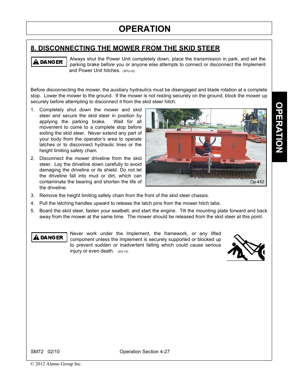 Disconnecting the mower from the skid steer, Disconnecting the mower from the skid steer -27, Operation | Opera t ion | Alamo RHINO SM72 User Manual | Page 119 / 136