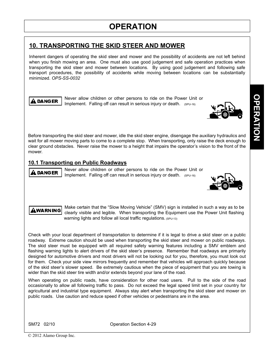 Transporting the skid steer and mower, 1 transporting on public roadways, Operation | Opera t ion | Alamo RHINO SM72 User Manual | Page 121 / 136