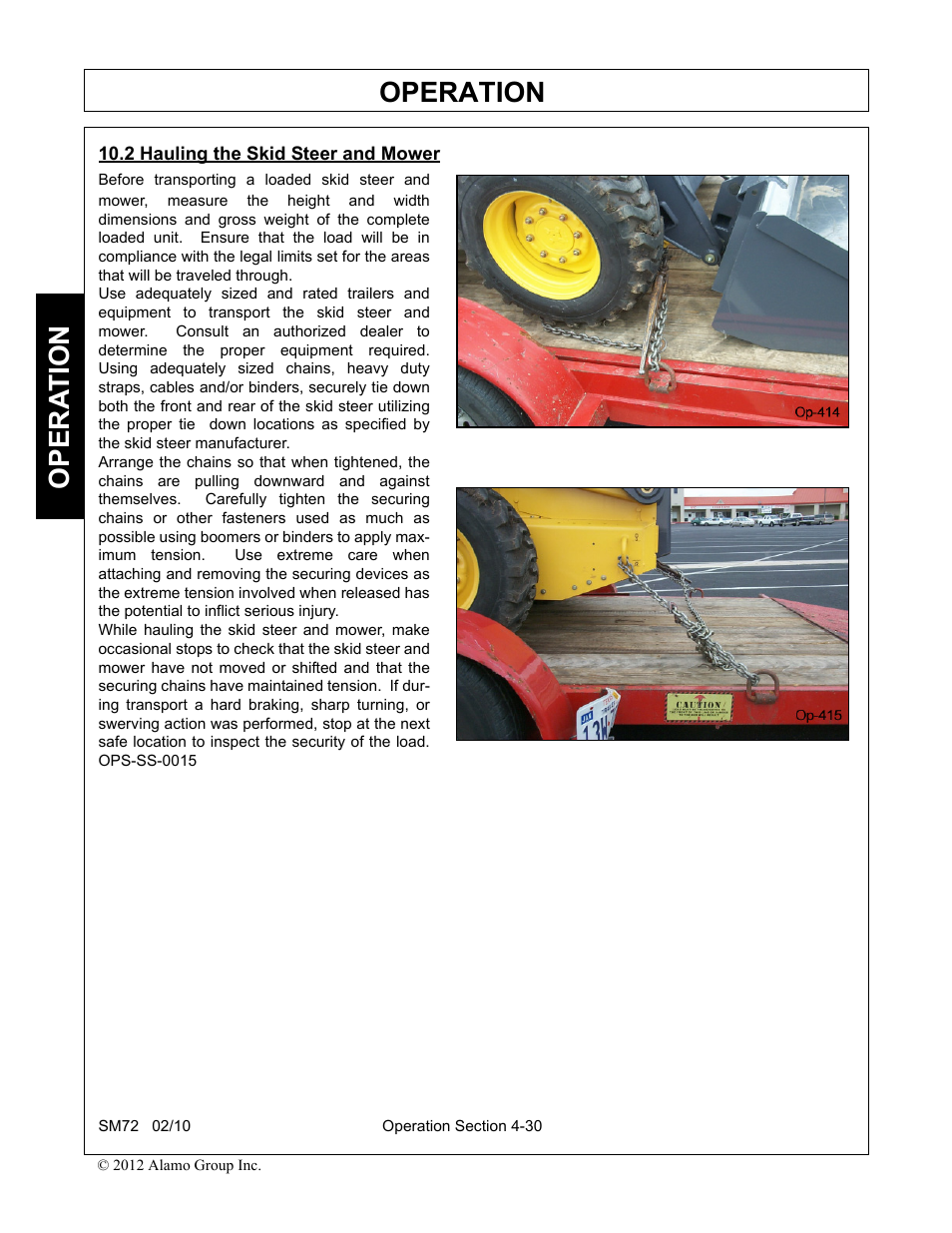 2 hauling the skid steer and mower, Hauling the skid steer and mower -30, Operation | Opera t ion | Alamo RHINO SM72 User Manual | Page 122 / 136