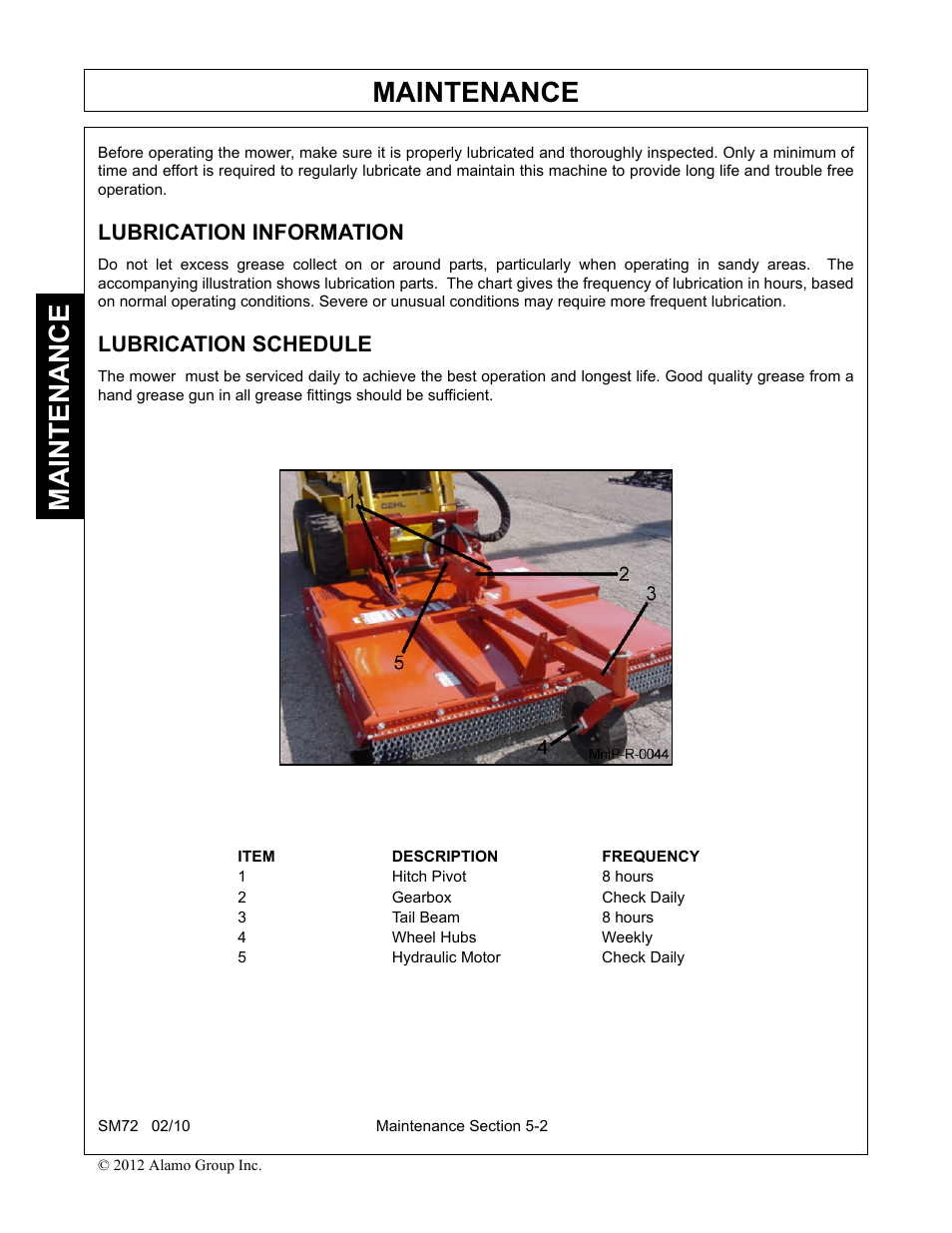 Lubrication information, Lubrication schedule, Lubrication information -2 lubrication schedule -2 | Maintenance | Alamo RHINO SM72 User Manual | Page 126 / 136