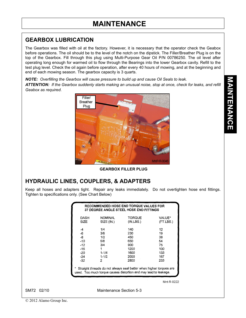 Gearbox lubrication, Hydraulic lines, couplers, & adapters, Maintenance | Alamo RHINO SM72 User Manual | Page 127 / 136